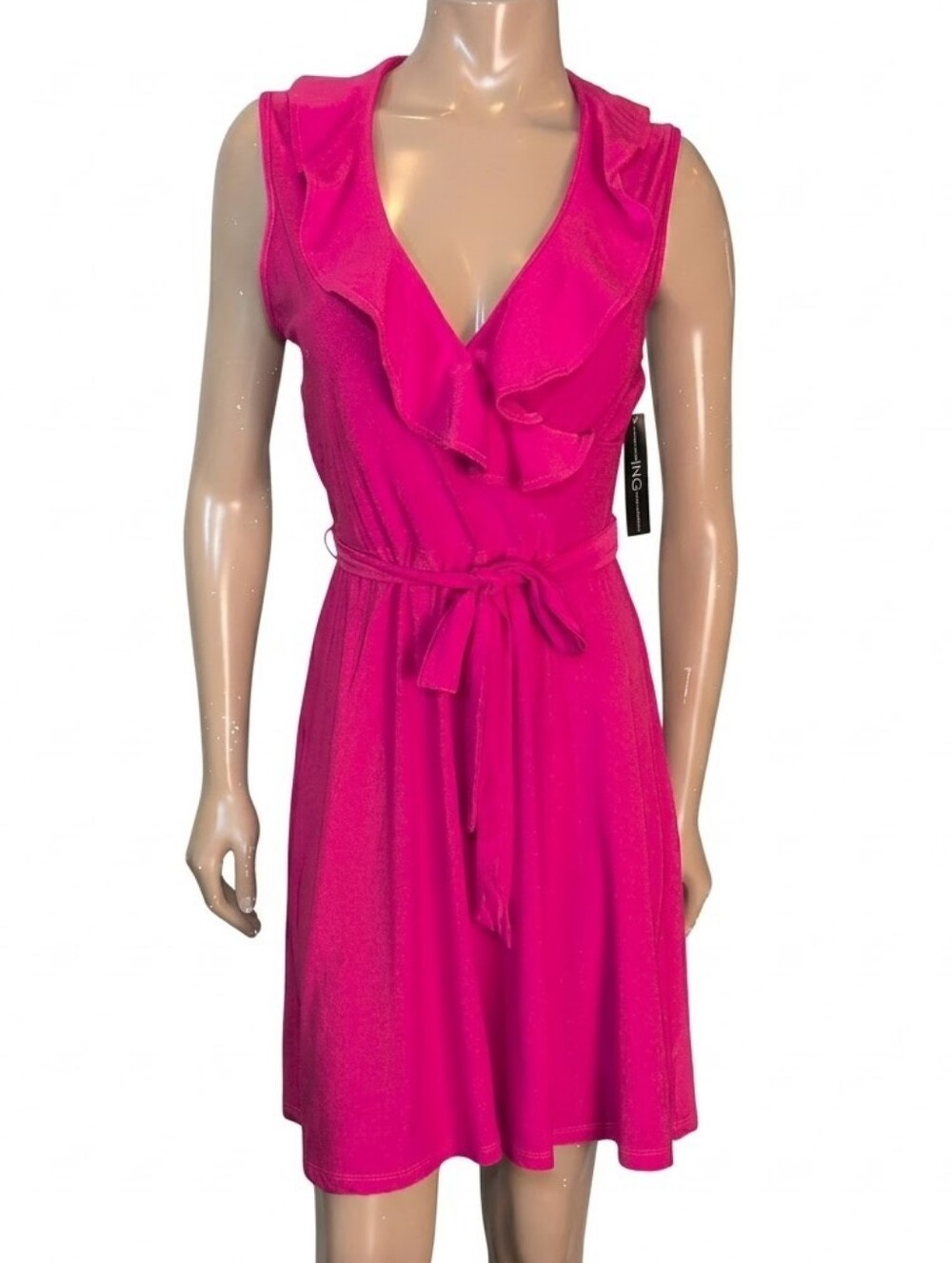 New INC International Concepts Pink Ruffle Belted A-Line Faux Wrap Dress Medium